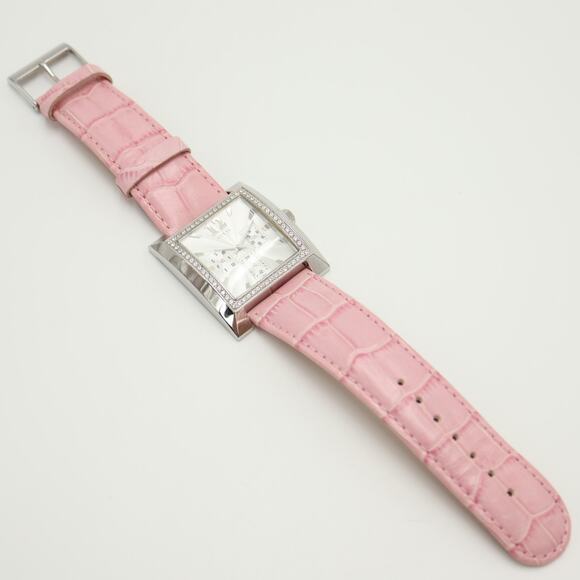 Guess X Elle Silver Tone Square Date Date 28mm Watch Y2K Gem Bezel Pink Leather - Picture 13 of 16